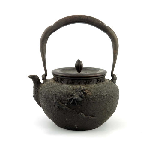 421 - A Japanese cast iron spirit teapot, textured surface with a Greek key rim and foliage and spiders in... 