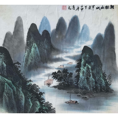 422 - Chinese School, 20th Century, a mountainous river landscape with sailing boats, titled and signed u.... 