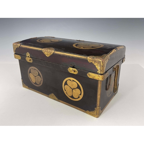 428 - A 19th century Japanese lacquered bamboo chest, with tooled and gilded bronze mounts, decorated with... 