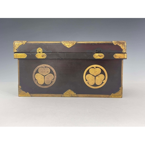 428 - A 19th century Japanese lacquered bamboo chest, with tooled and gilded bronze mounts, decorated with... 