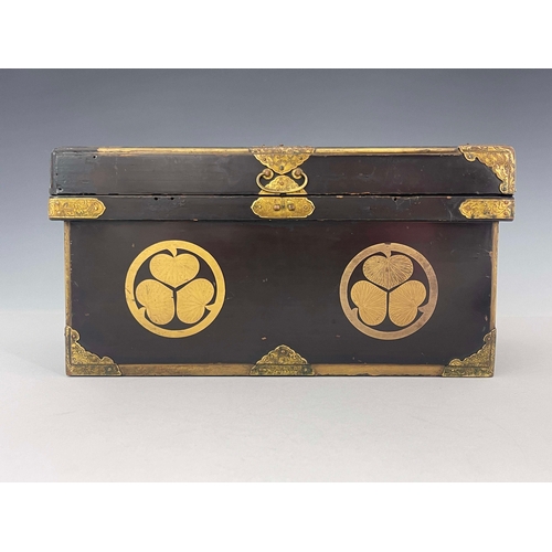 428 - A 19th century Japanese lacquered bamboo chest, with tooled and gilded bronze mounts, decorated with... 