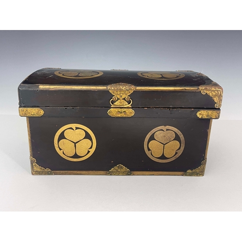 428 - A 19th century Japanese lacquered bamboo chest, with tooled and gilded bronze mounts, decorated with... 