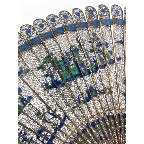 430 - A Chinese Qing dynasty export parcel gilt silver filigree and cloisonné enamel brise fan, Jiaqing pe... 