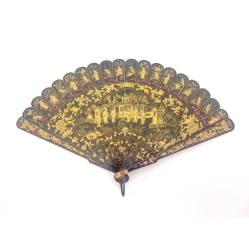 434 - A Chinese Qing Dynasty export lacquer brise fan, early 19th century, ?????, the sticks lacquered bla... 