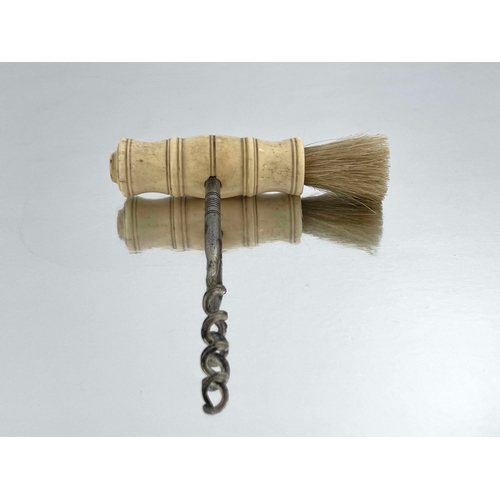 448 - A 19th Century straight pull corkscrew, ring turned bone handle incorporating a brush, steel helix, ... 