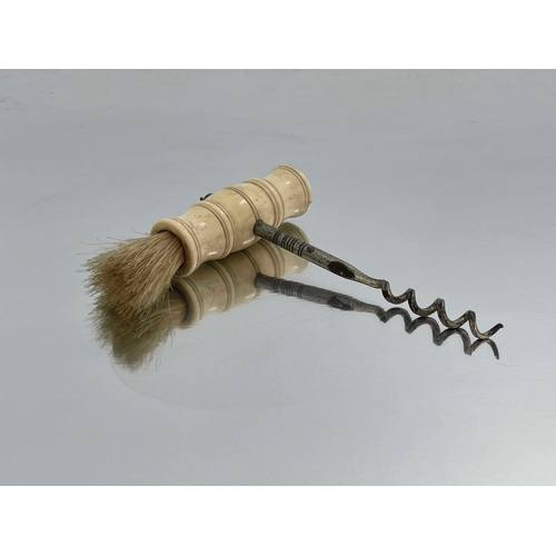 448 - A 19th Century straight pull corkscrew, ring turned bone handle incorporating a brush, steel helix, ... 