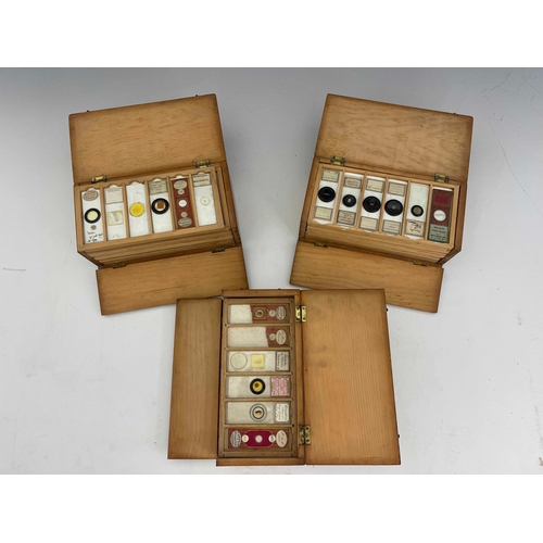 465 - Three wooden boxes of laboratory glass specimen slides, written and printed labels to include those ... 