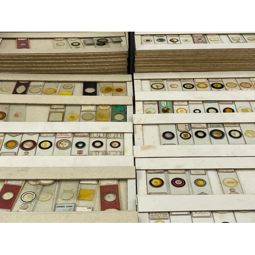 467 - Two black cardboard boxes of laboratory glass specimen slides, printed and written labels (2)