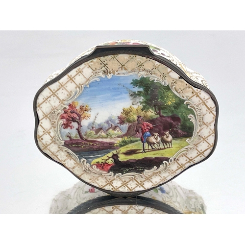 472 - A large Bilston enamelled table snuff box, ogee lobed oval form, the lid painted with a central scen... 