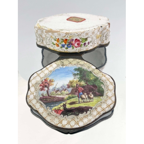 472 - A large Bilston enamelled table snuff box, ogee lobed oval form, the lid painted with a central scen... 