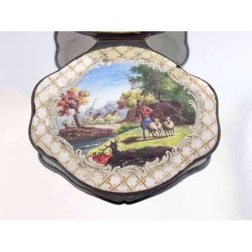 472 - A large Bilston enamelled table snuff box, ogee lobed oval form, the lid painted with a central scen... 