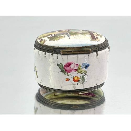 473 - A Bilston enamelled double ended snuff box, each lid transfer printed and painted with a courting co... 