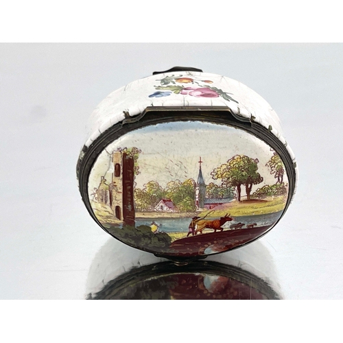 473 - A Bilston enamelled double ended snuff box, each lid transfer printed and painted with a courting co... 