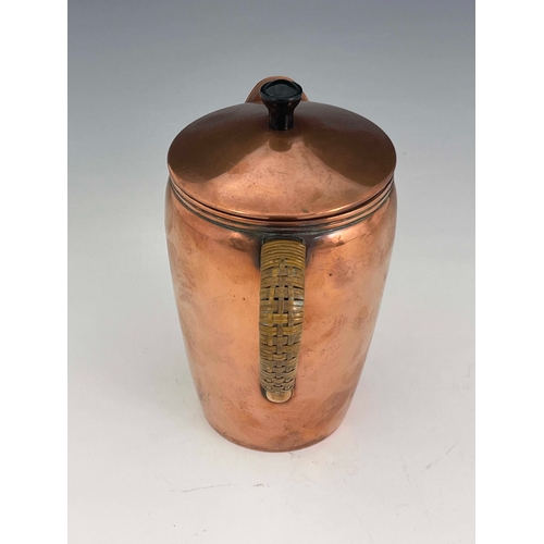 507 - W A S Benson, an Arts and Crafts copper hot water jug, circa 1900, shouldered form with bracket spou... 