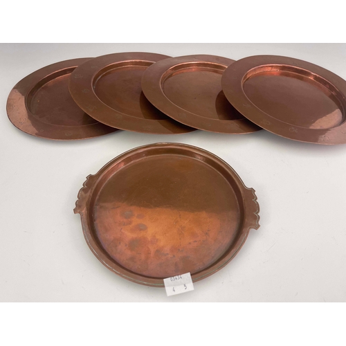 508 - Birmingham Guild of Handicraft, five Arts and Crafts copper plates, four of broad rimmed form, punch... 