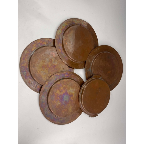 508 - Birmingham Guild of Handicraft, five Arts and Crafts copper plates, four of broad rimmed form, punch... 