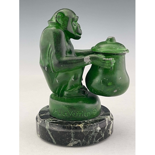 524 - Max Le Verrier, an Art Deco patinated art metal Monkey inkwell, circa 1925, modelled sitting, holdin... 