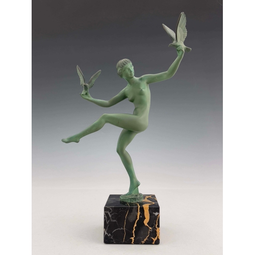 525 - Marcel Bouraine for Le Verrier, Dove Dancer, an Art Deco patinated art metal figure, circa 1925, mod... 