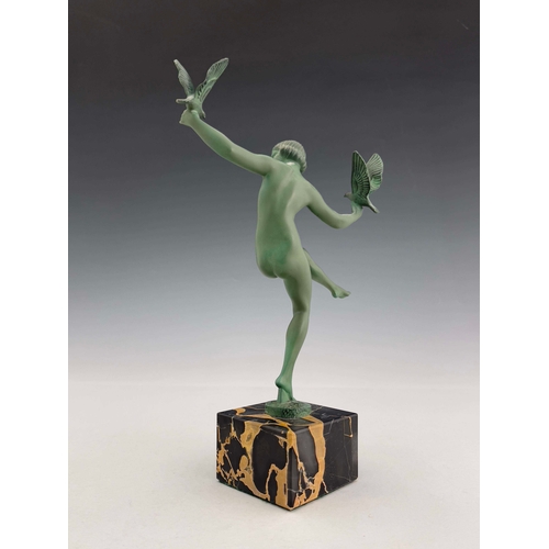 525 - Marcel Bouraine for Le Verrier, Dove Dancer, an Art Deco patinated art metal figure, circa 1925, mod... 