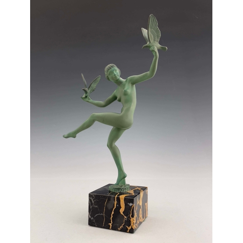 525 - Marcel Bouraine for Le Verrier, Dove Dancer, an Art Deco patinated art metal figure, circa 1925, mod... 