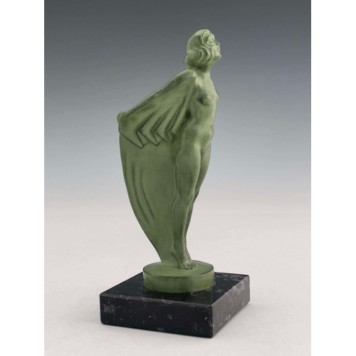 529 - Max Le Verrier, an Art Deco patinated art metal figure, circa 1925, modelled as a caped nide woman, ... 