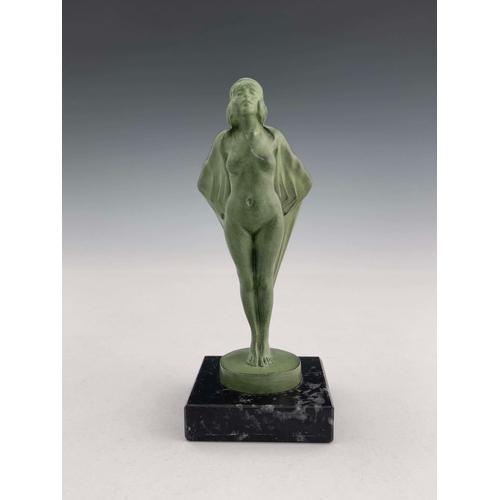 529 - Max Le Verrier, an Art Deco patinated art metal figure, circa 1925, modelled as a caped nide woman, ... 