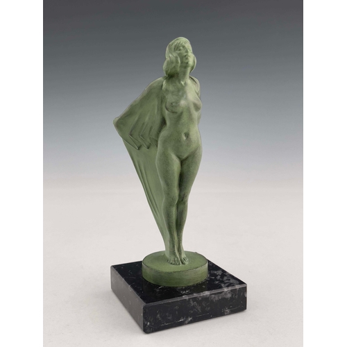 529 - Max Le Verrier, an Art Deco patinated art metal figure, circa 1925, modelled as a caped nide woman, ... 