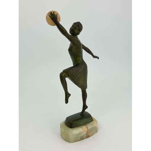 532 - Georges Vacossin, Woman with Cymbals, an Art Deco bronze figure, circa 1930, modelled with knee rais... 