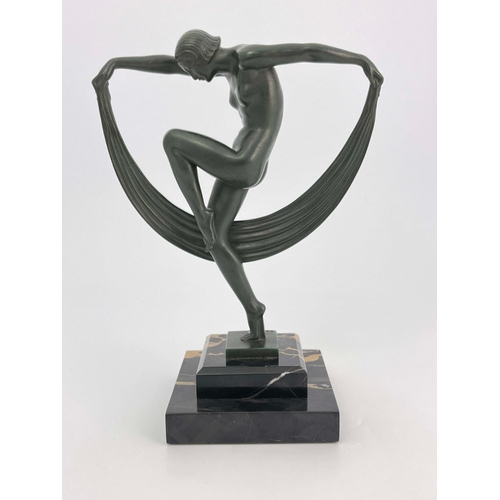 534 - Marcel Bouraine for Max Le Verrier, Scarf Dancer, a green patinated art metal figure, circa 1930, mo... 