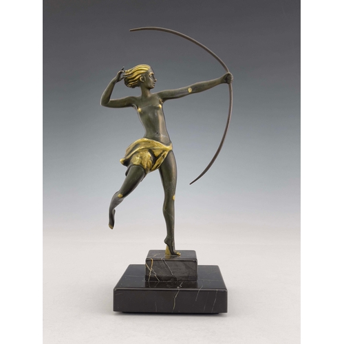 535 - An Art Deco bronze figure of Diana, circa 1925, modelled as a semi nude woman with bow, on stepped m... 