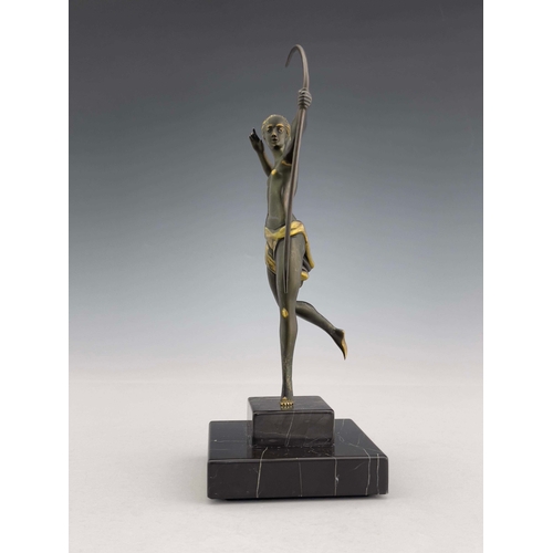 535 - An Art Deco bronze figure of Diana, circa 1925, modelled as a semi nude woman with bow, on stepped m... 