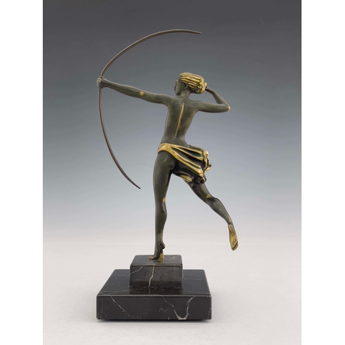 535 - An Art Deco bronze figure of Diana, circa 1925, modelled as a semi nude woman with bow, on stepped m... 