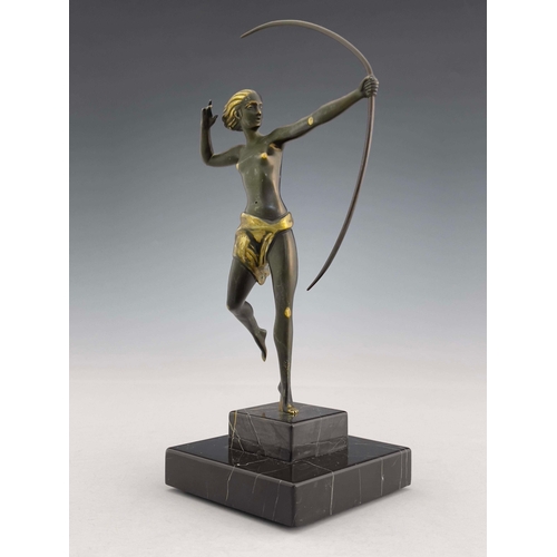 535 - An Art Deco bronze figure of Diana, circa 1925, modelled as a semi nude woman with bow, on stepped m... 