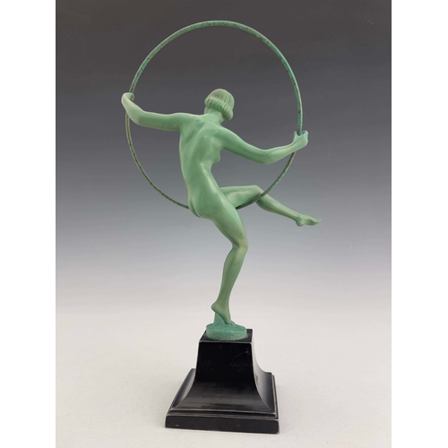 538 - Marcel Bouraine for Le Verrier, Hoop Dancer, an Art Deco patinated art metal figure, circa 1925, mod... 