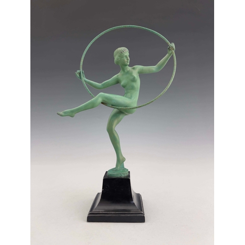 538 - Marcel Bouraine for Le Verrier, Hoop Dancer, an Art Deco patinated art metal figure, circa 1925, mod... 