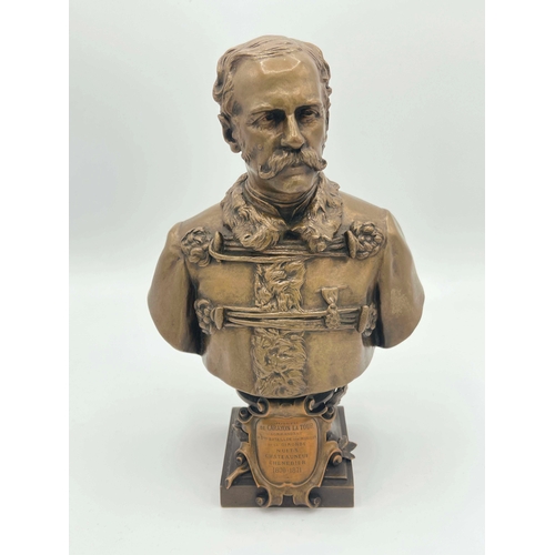 541 - Henri Chapu, a bronze bust of Joseph de Carayon La Tour, circa 1871, with scroll cartouches engraved... 