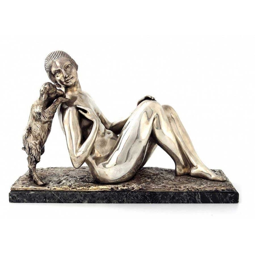 554 - Germaine Oury Desruelles, Fille at Chevre, an Art Deco silvered bronze figure group, circa 1925, mod... 