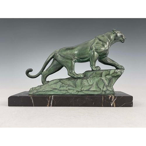 556 - An Art Deco patinated art metal figure of a panther on a rock, probably Max Le Verrier, circa 1925, ... 