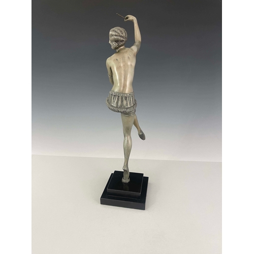 566 - An Art Deco silvered art metal figure, circa 1925, modelled as a dancer with birds, semi nude, on on... 