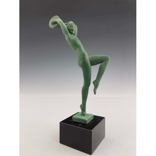 568 - Raymonde Guerbe for Le Verrier, an Art Deco patinated art metal figure of a tambourine dancer, circa... 