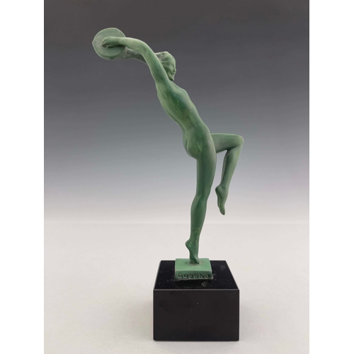 568 - Raymonde Guerbe for Le Verrier, an Art Deco patinated art metal figure of a tambourine dancer, circa... 