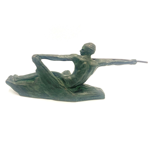 570 - Max Le Verrier, Spear Hunter, a small Art Deco bronze figure, circa 1925, modelled as a reclining ma... 