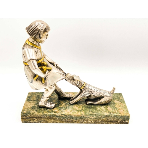 571 - Paul Marec, an Art Deco silvered and gilt bronze figure, circa 1925, modelled as a dog pulling a gir... 