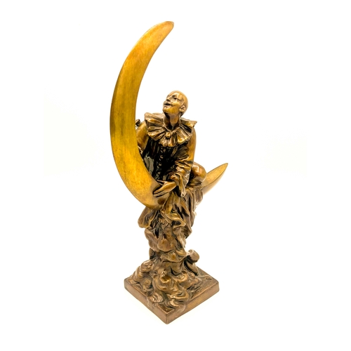 572 - Alfred Jean Foretay, Pierrot Lune, an Art Deco bronze figure, circa 1925, modelled as the clown clim... 