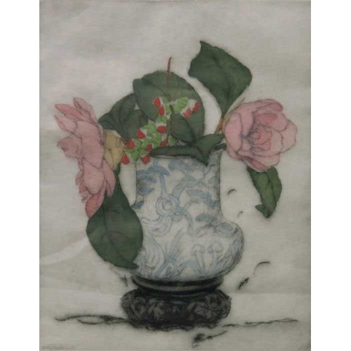 613 - Elyse Ashe Lord (British, 1900-1971), still life of flowers in a Chinese vase, signed in pencil l.r.... 