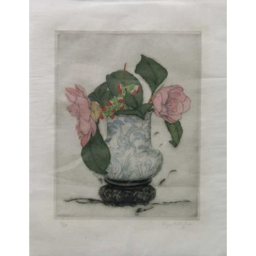 613 - Elyse Ashe Lord (British, 1900-1971), still life of flowers in a Chinese vase, signed in pencil l.r.... 