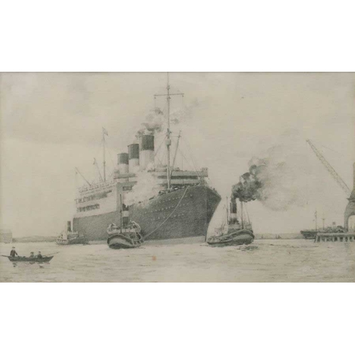 615 - Samuel John Milton Brown (British, 1873-1965), Queen Mary at Southampton, pencil, 17 by 27cm, framed