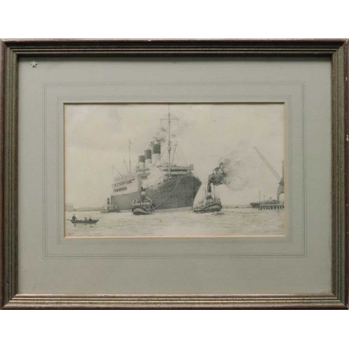 615 - Samuel John Milton Brown (British, 1873-1965), Queen Mary at Southampton, pencil, 17 by 27cm, framed