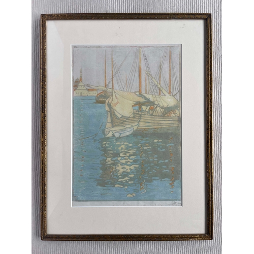 620 - Jakob Glasner (Polish, 1879-1942), moored fishing boats, signed l.r., linocut, 37 by 26cm, framed