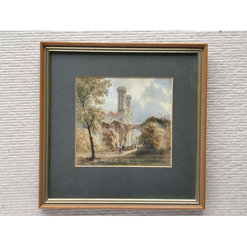 624 - Follower of Samuel Prout, abbey ruins with figures, watercolour, 19 by 12cm, with four other waterco... 